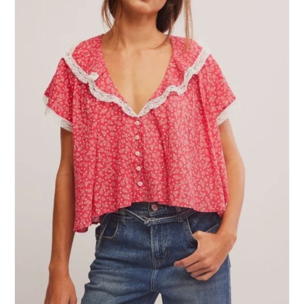 Free People Truly Yours Floral Flutter Top Vintage Red Lightweight Blouse